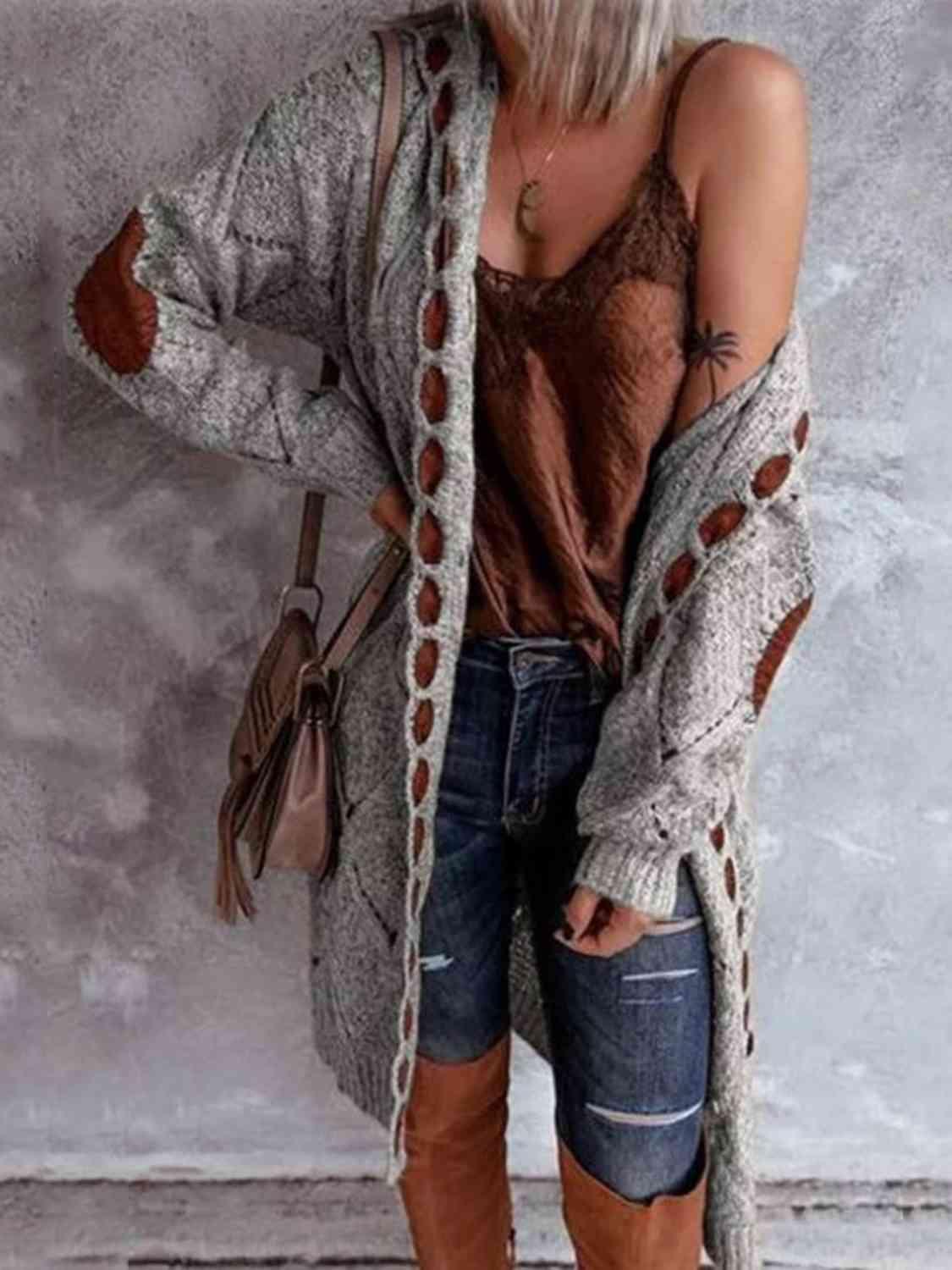 Openwork Long Sleeve Open Front Hooded Cardigan Cardigans Trendsi   