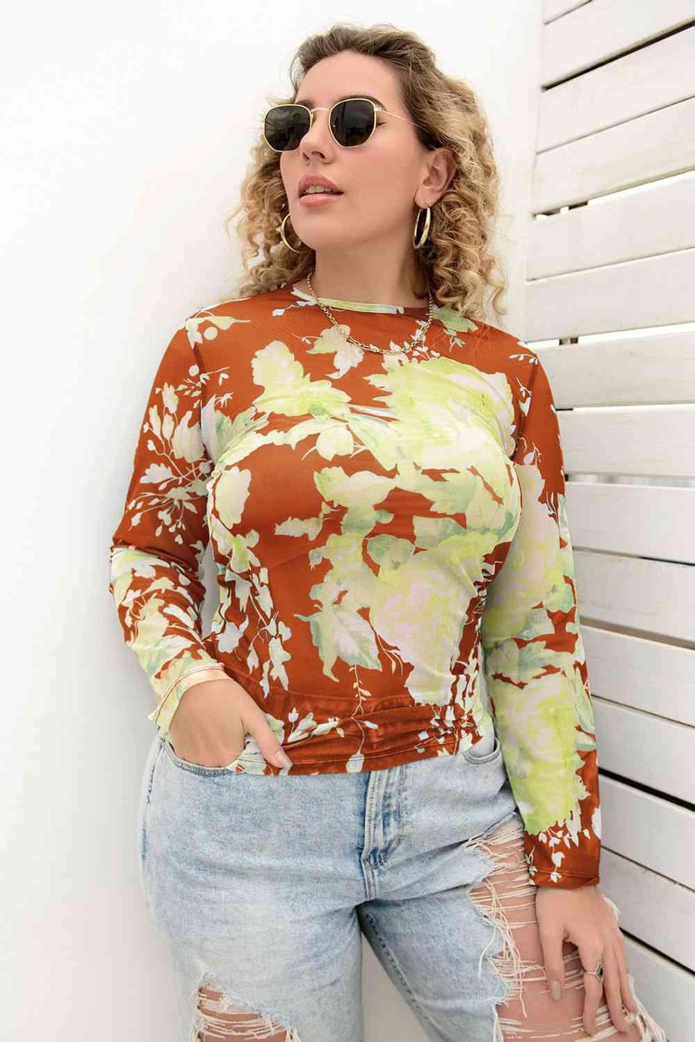 Plus Size Printed Round Neck Long Sleeve Blouse Blouses Trendsi   