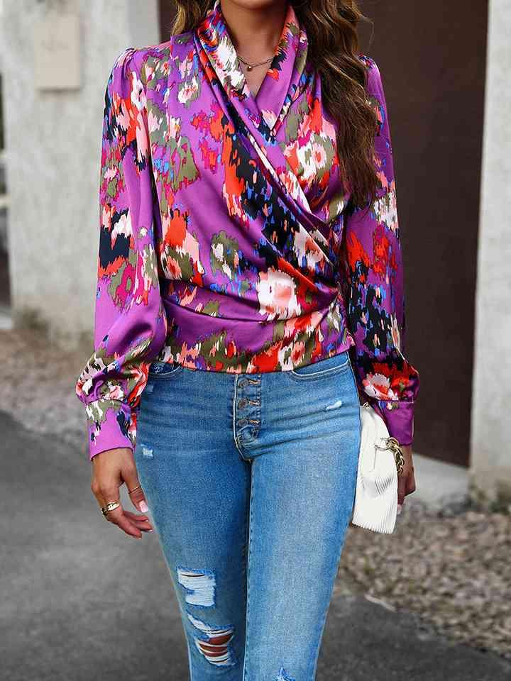 Printed Long Sleeve Wrap Look Blouse Blouses Trendsi   