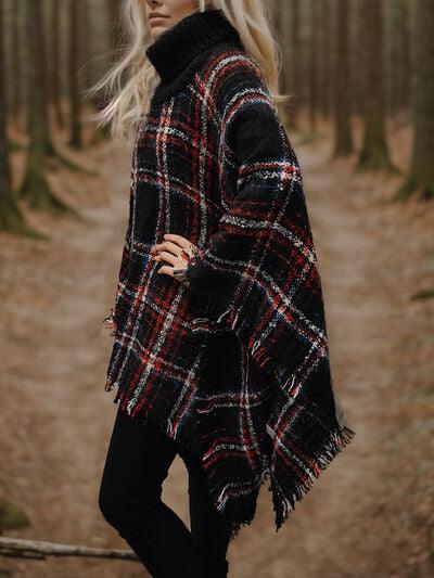 Turtleneck Plaid Raw Hem Poncho Sweater Tops Trendsi   