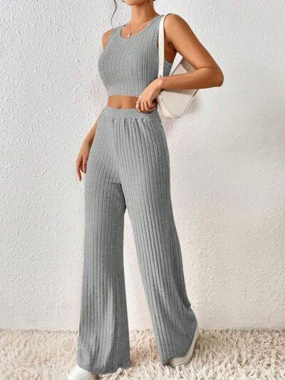 Ribbed Round Neck Tank and Pants Sweater Set Pant Set Trends   