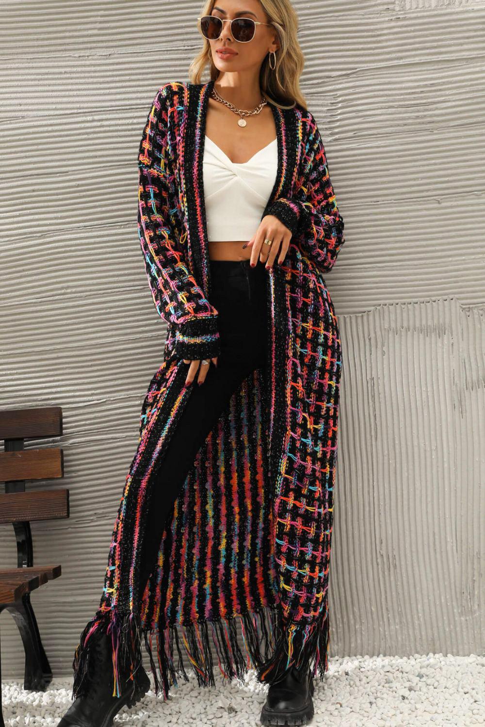 Multicolored Fringe Hem Cardigan Cardigans White Multi S 