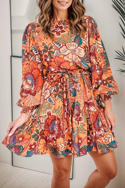 Tropical Print Tie Waist Lantern Sleeve Mini Dress Dresses Trendsi Pumpkin S 