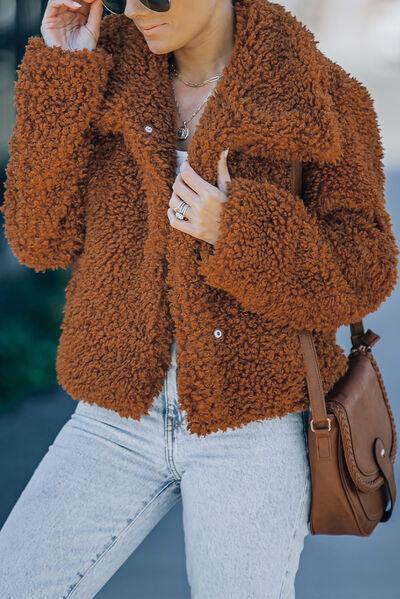 Fuzzy Snap Down Long Sleeve Jacket Jackets Trendsi Chestnut M 