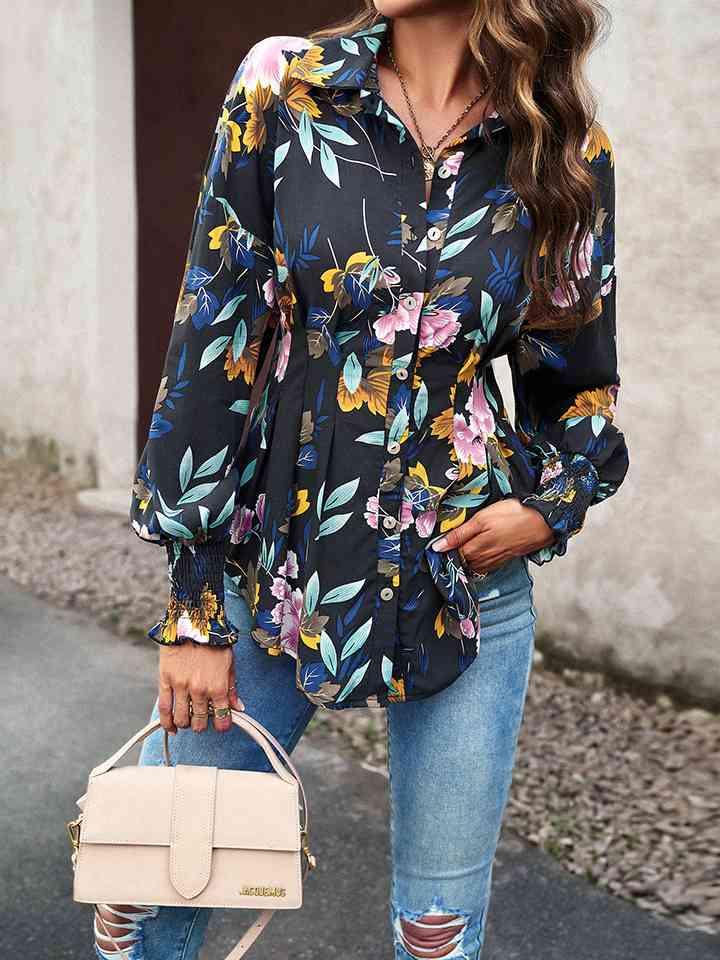 Printed Button-Up Lantern Sleeve Shirt Button-Up Trendsi   