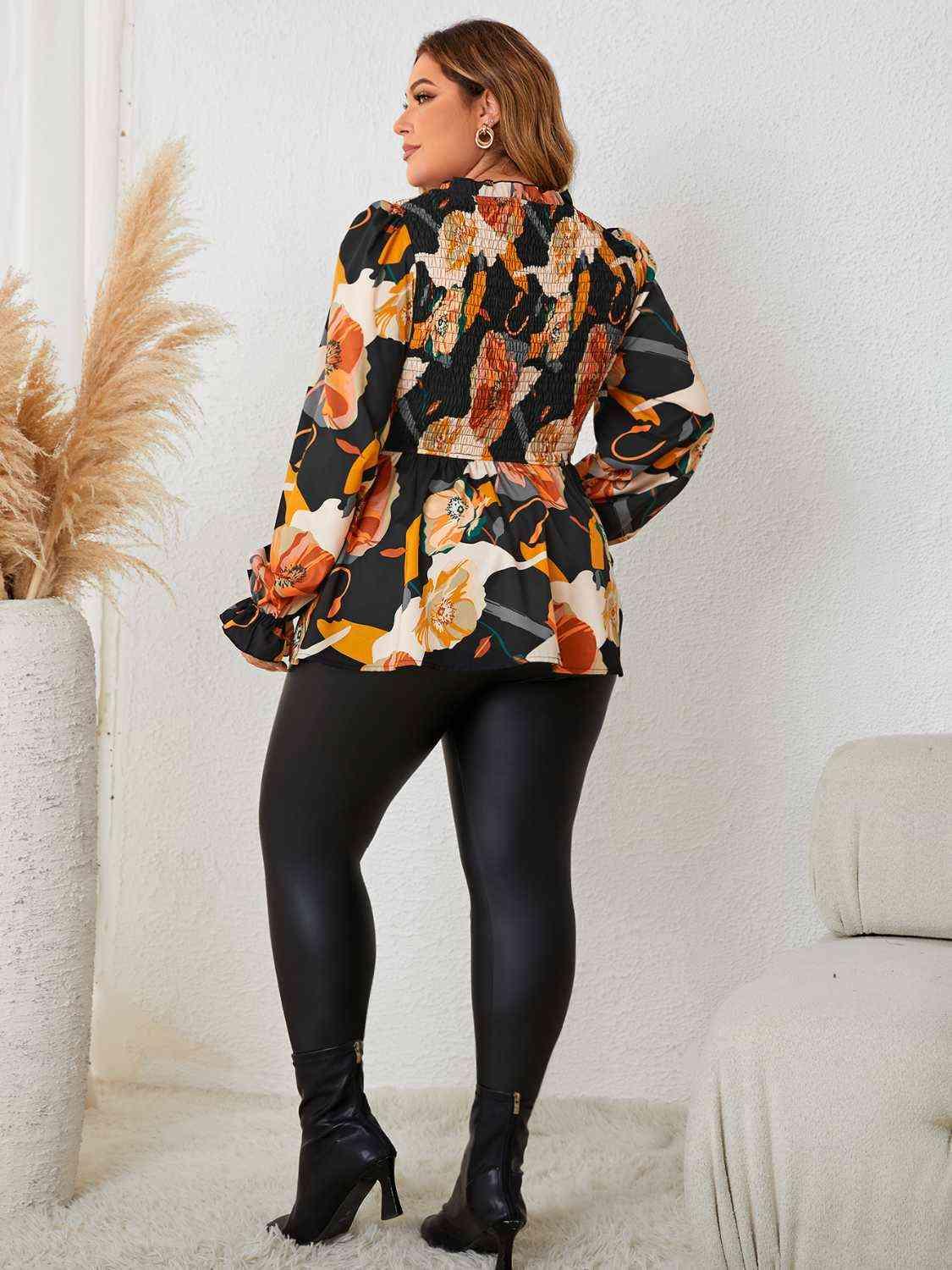 Plus Size Elastic Detail Long Sleeve Floral Babydoll Top Tops Trendsi   