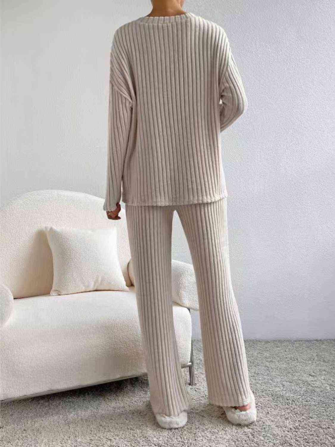 Ribbed V-Neck Long Sleeve Top and Pants Set Pant Set Trendsi   