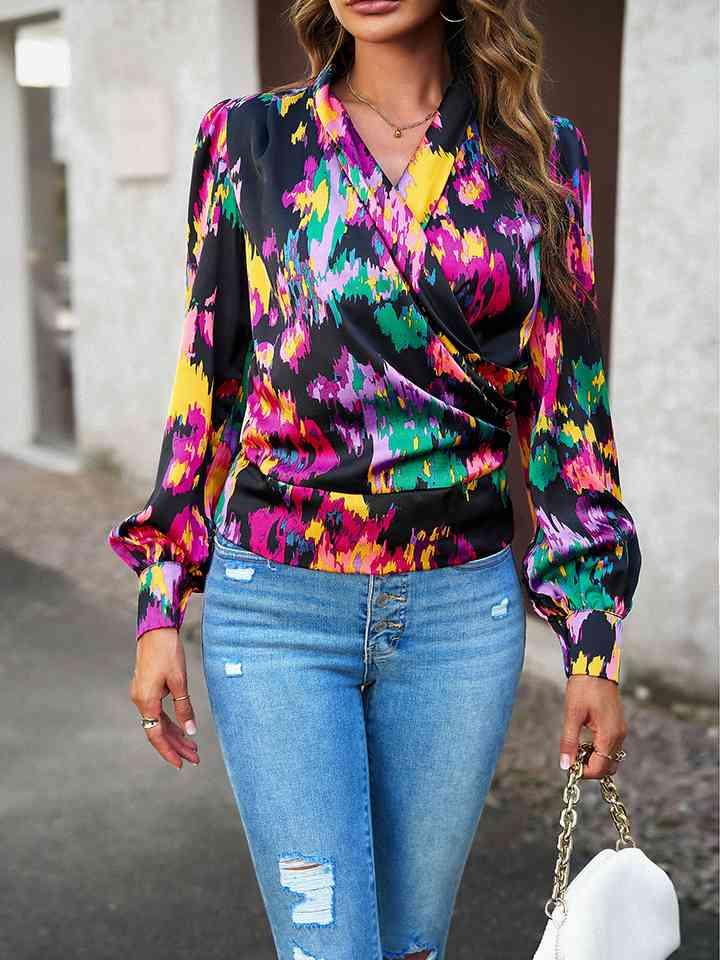 Printed Long Sleeve Wrap Look Blouse Blouses Trendsi   