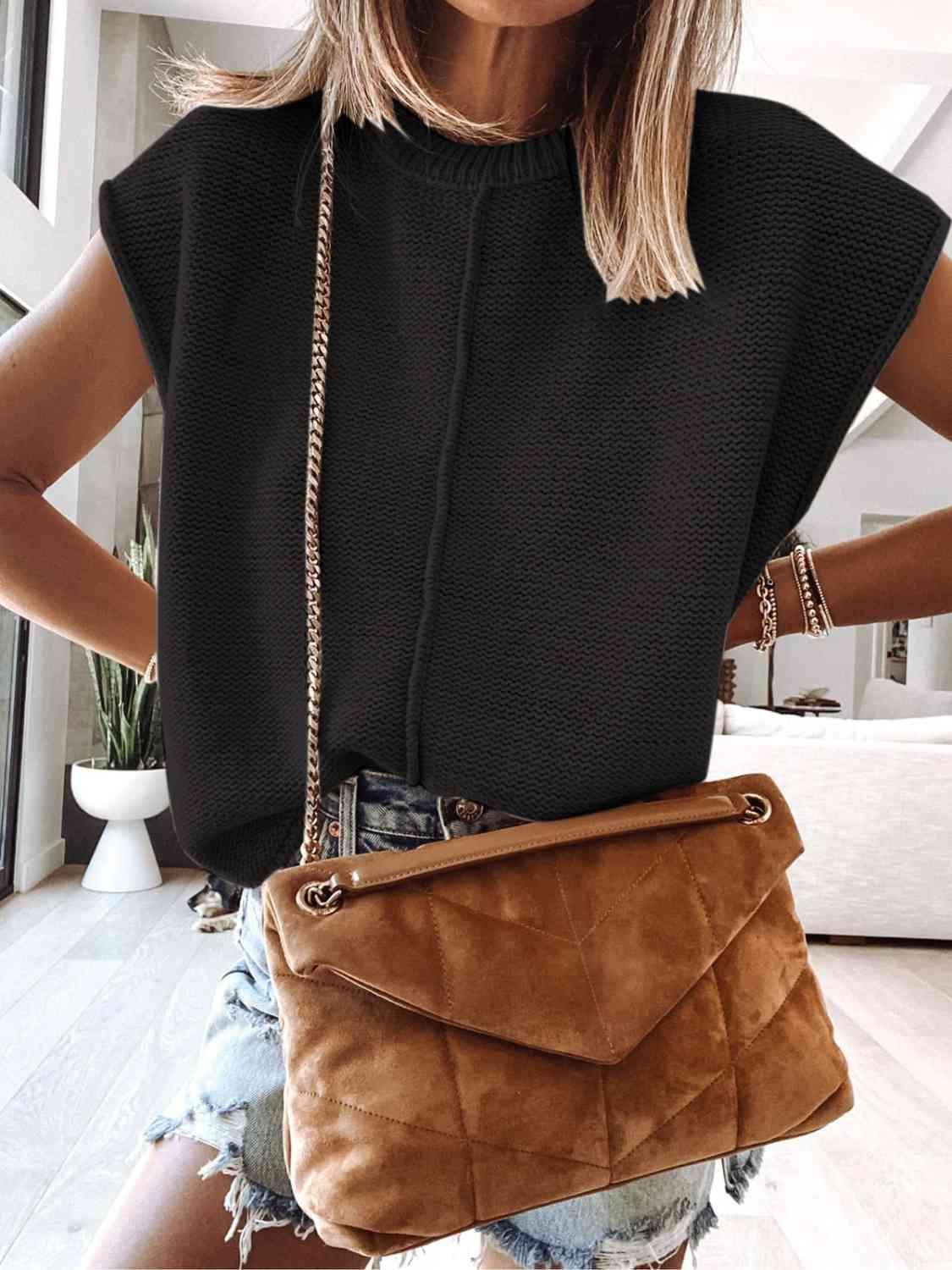 Cap Sleeve Sweater Vest Blouses Trend Black S 