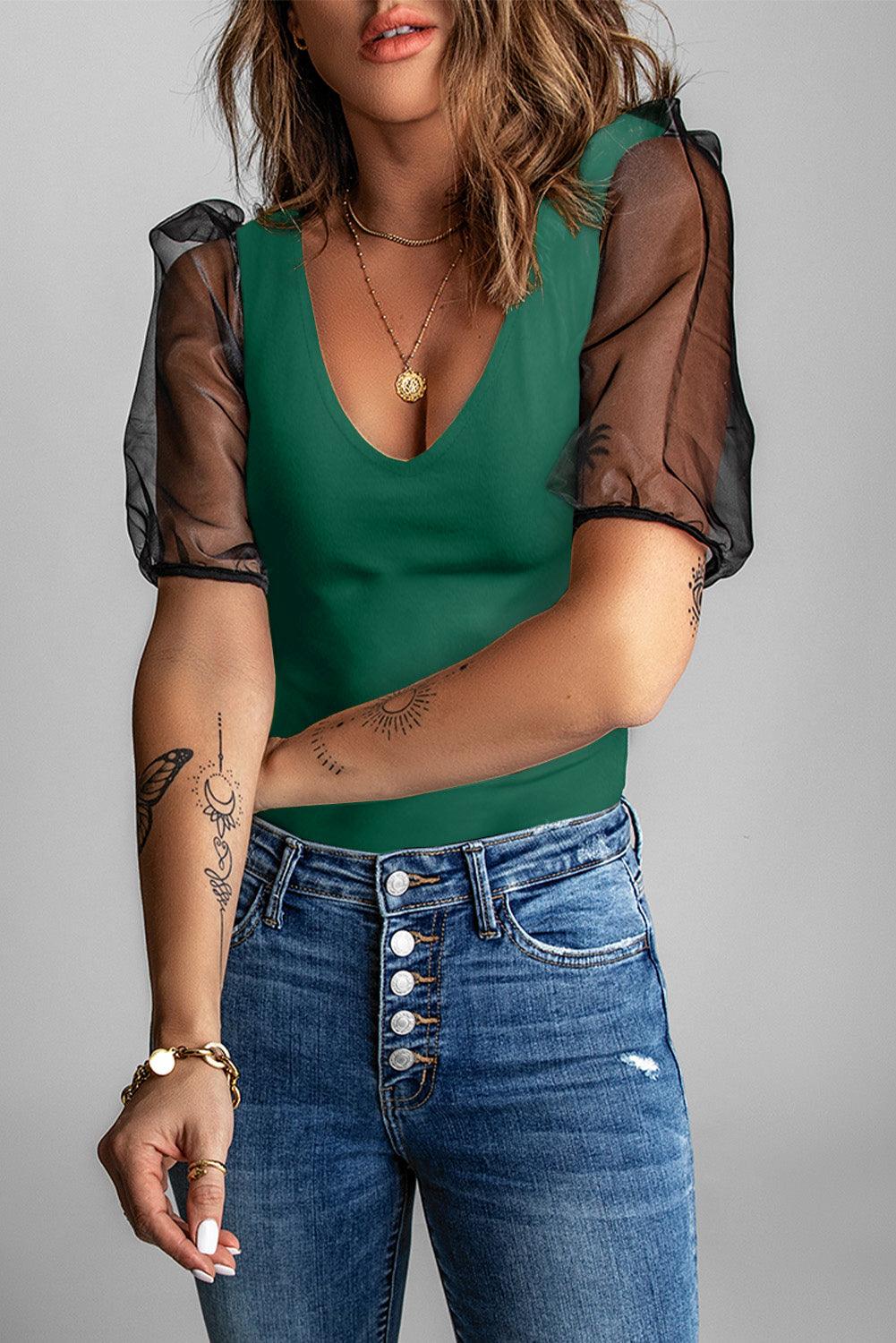 Mesh Puff Sleeve Blouse Blouses White   