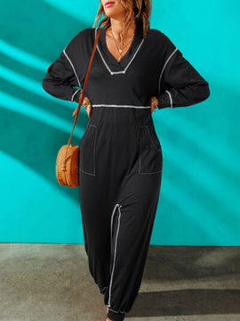 Contrast Stitching Pocketed Dropped Shoulder Jumpsuit
